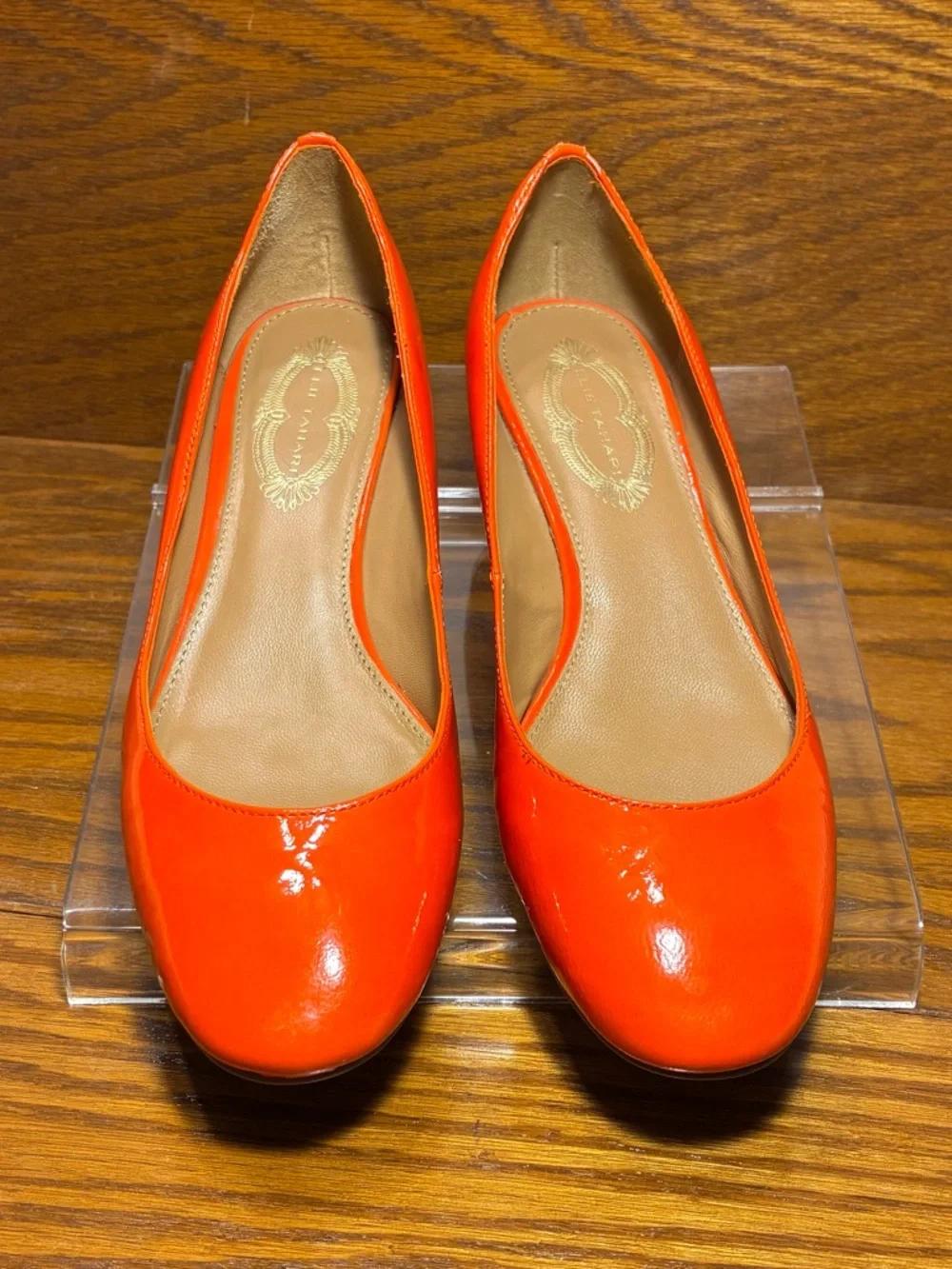 ELIE TAHARI Orange Patent Leather Scalloped Collar Demi Wedge Heels EU 37.5 US 7